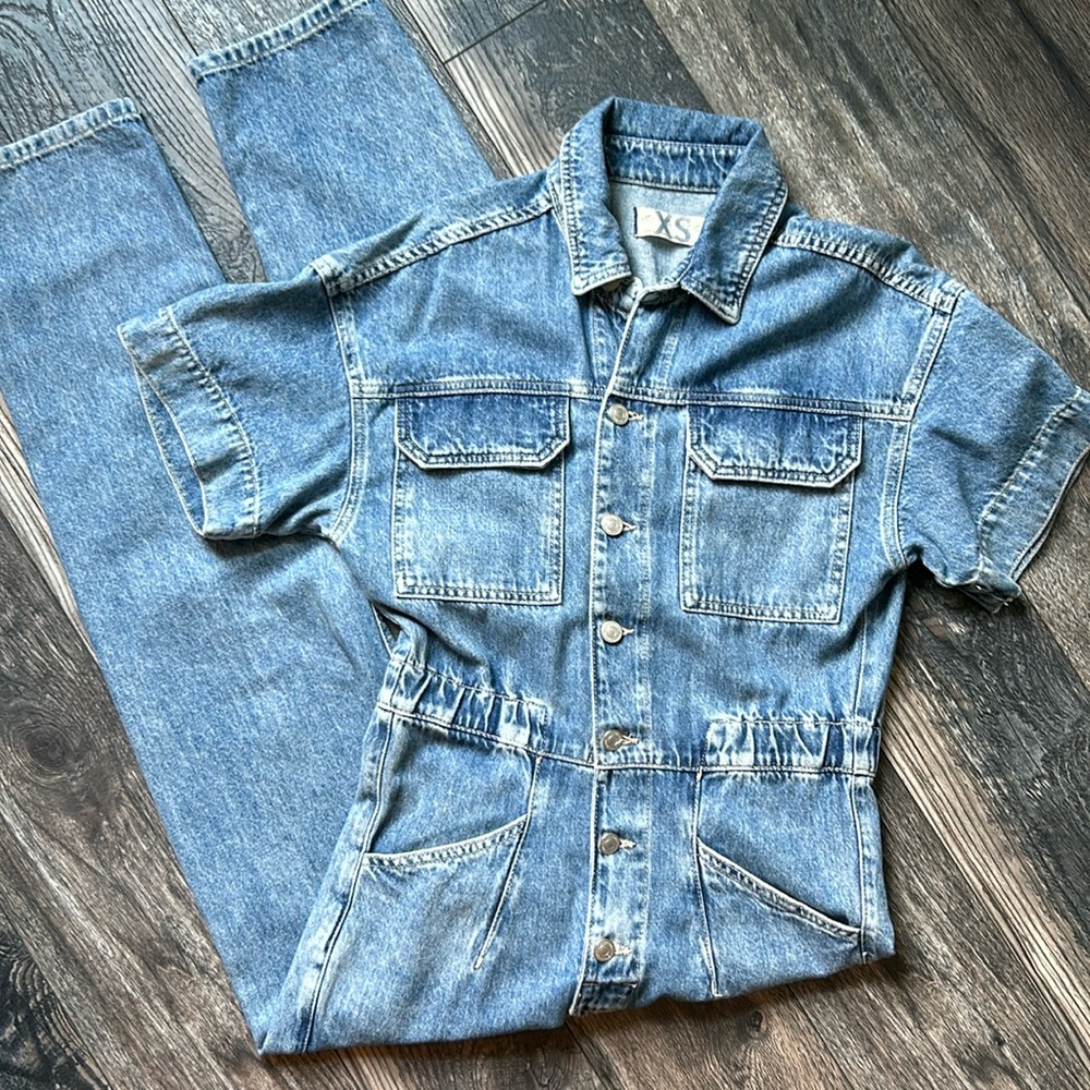 We The Free Medium Blue Denim Short-Sleeve Jumpsuit